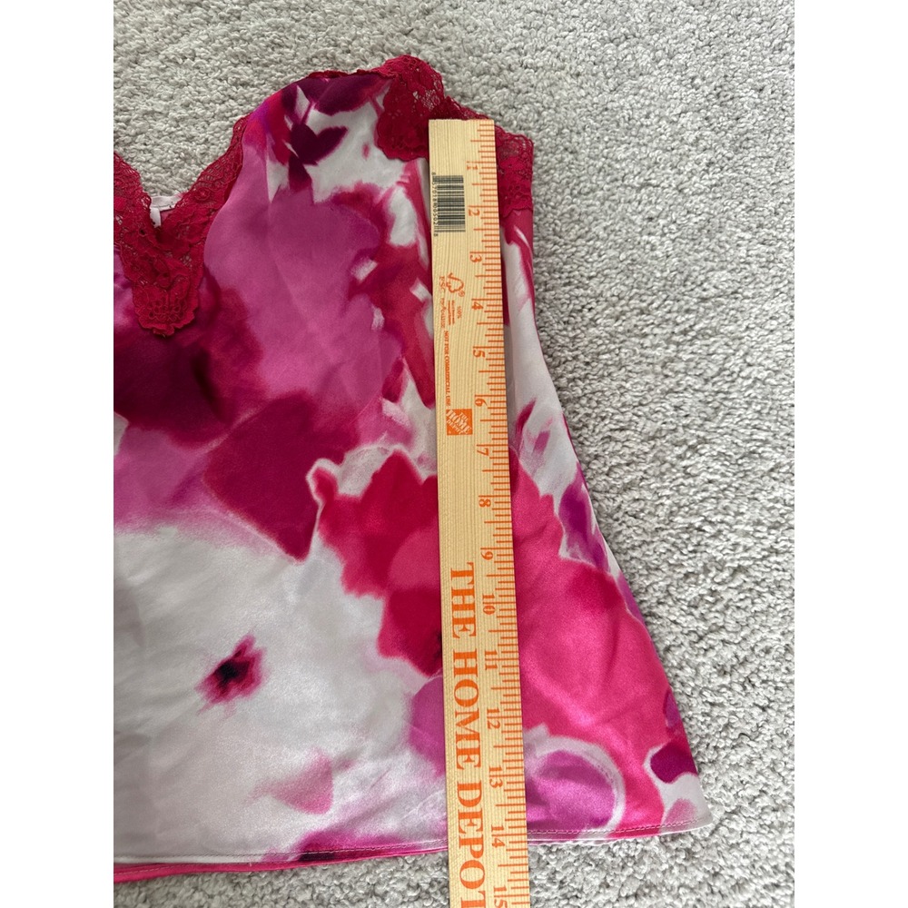 Linea Donatella Top Lace Trim Sz L Pink Abstract Flowers Satin Feminine Coquette - Picture 5 of 5